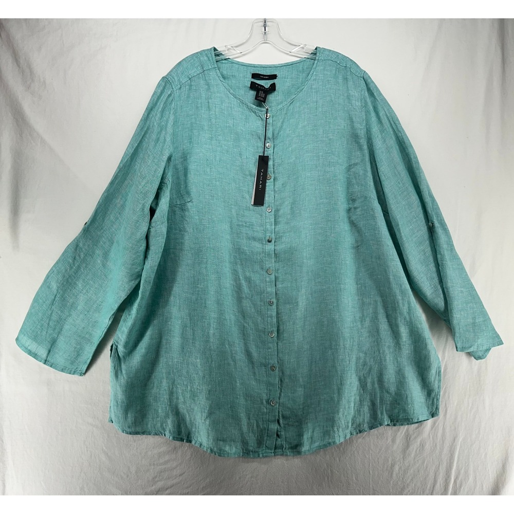 Tahari Women 2X Teal Green 100% Linen Button Down Roll Tab Sleeve Blouse NWT